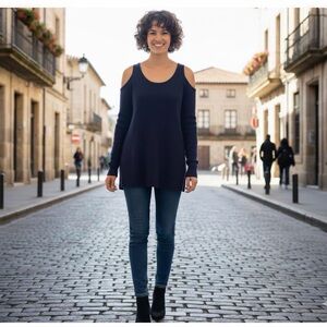 Sweet Romeo Dark Blue Cold Shoulder Long Sleeve Top